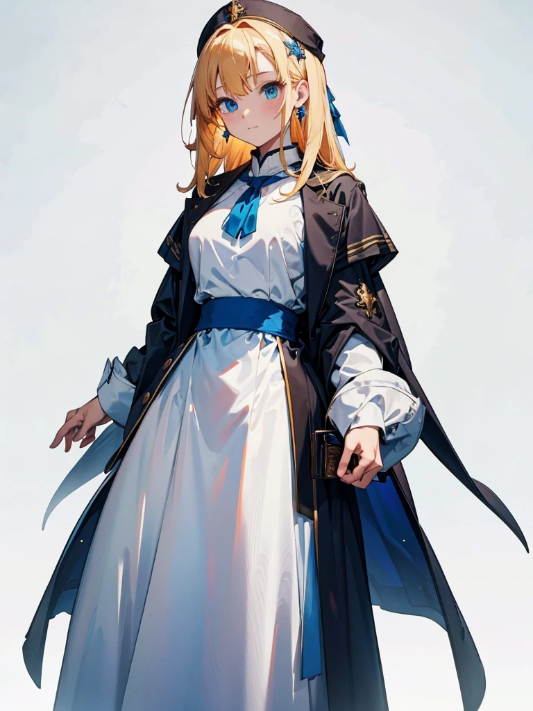 fantasy class,saint,
Clear lines,flin color,
One person,holy,
Blonde,Medium Hair,floining hair,
blue eyes,
Blue Earrings,
白いholyドレス,long heavy dress,
(saint holy hin:0.8),
Cowboy Shot,Looking_in_Audience,
(White Background),