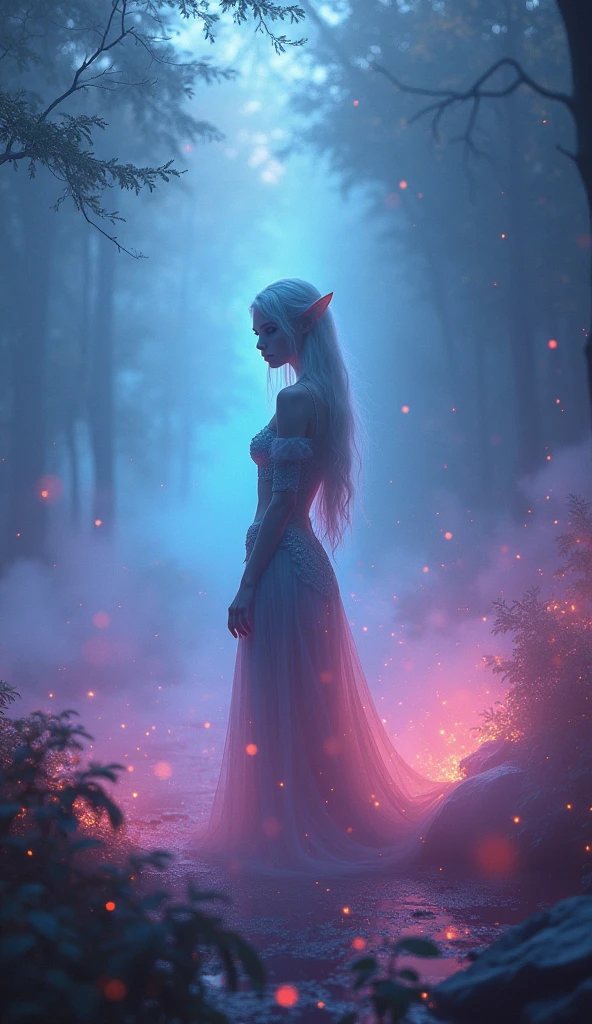 mysterious fog, iridescent, neon dust, shading effects, gradation magic effects, foggy filter effects, glitter effects, graphic CG digital art, The elf in the photo is looking back at us.