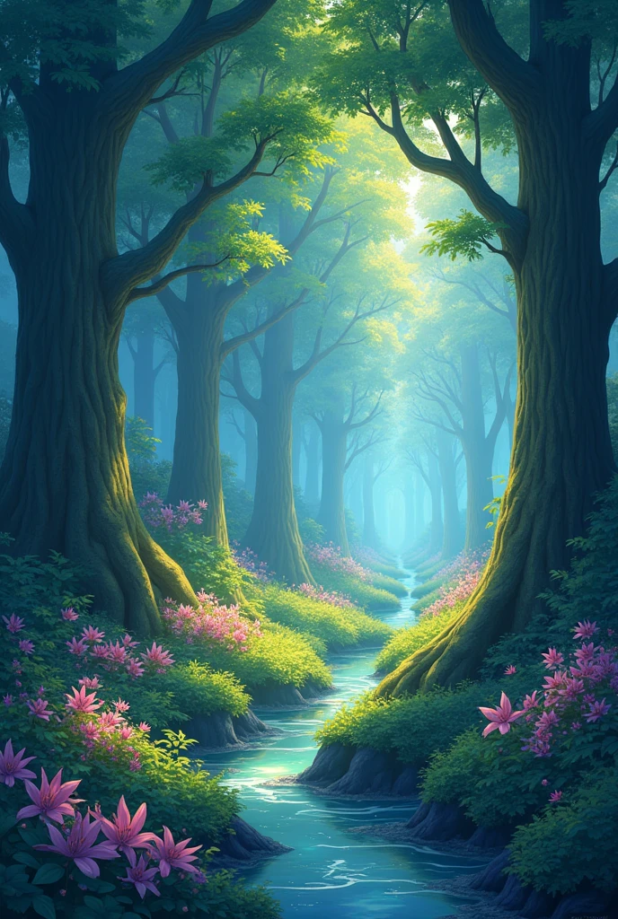 Viral anime nature wallpaper in 4K quality, in the style of digital illustration inspired by Hayao Miyazaki, featuring a serene forest with towering ancient trees, dappled sunlight filtering through the leaves, a gentle stream flowing through the scene, and mystical creatures peeking from behind the foliage; vibrant and warm color temperature, cosmos lighting with stars twinkling in the sky, no human characters, the atmosphere is tranquil and enchanting –v 5 –stylize 1000