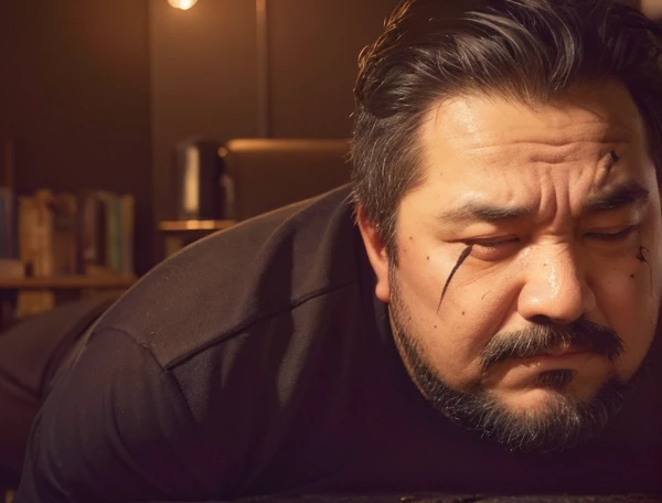 Fat, A fat man with a knife, Upper body naked , Mustache, Beard,
Shirt to take off, Asian 50 years old,Horror, Dark atmosphere, Moody lighting, Dramatic Shadows, Structure of the film, Strong gaze, Mysterious look, Ominous Presence, Anxious mood, Atmospheric, Detailed facial features, Realistic skin texture, High level of detail, 8k, Cinema Lighting, Realistic,Closed eyes, Scars on face