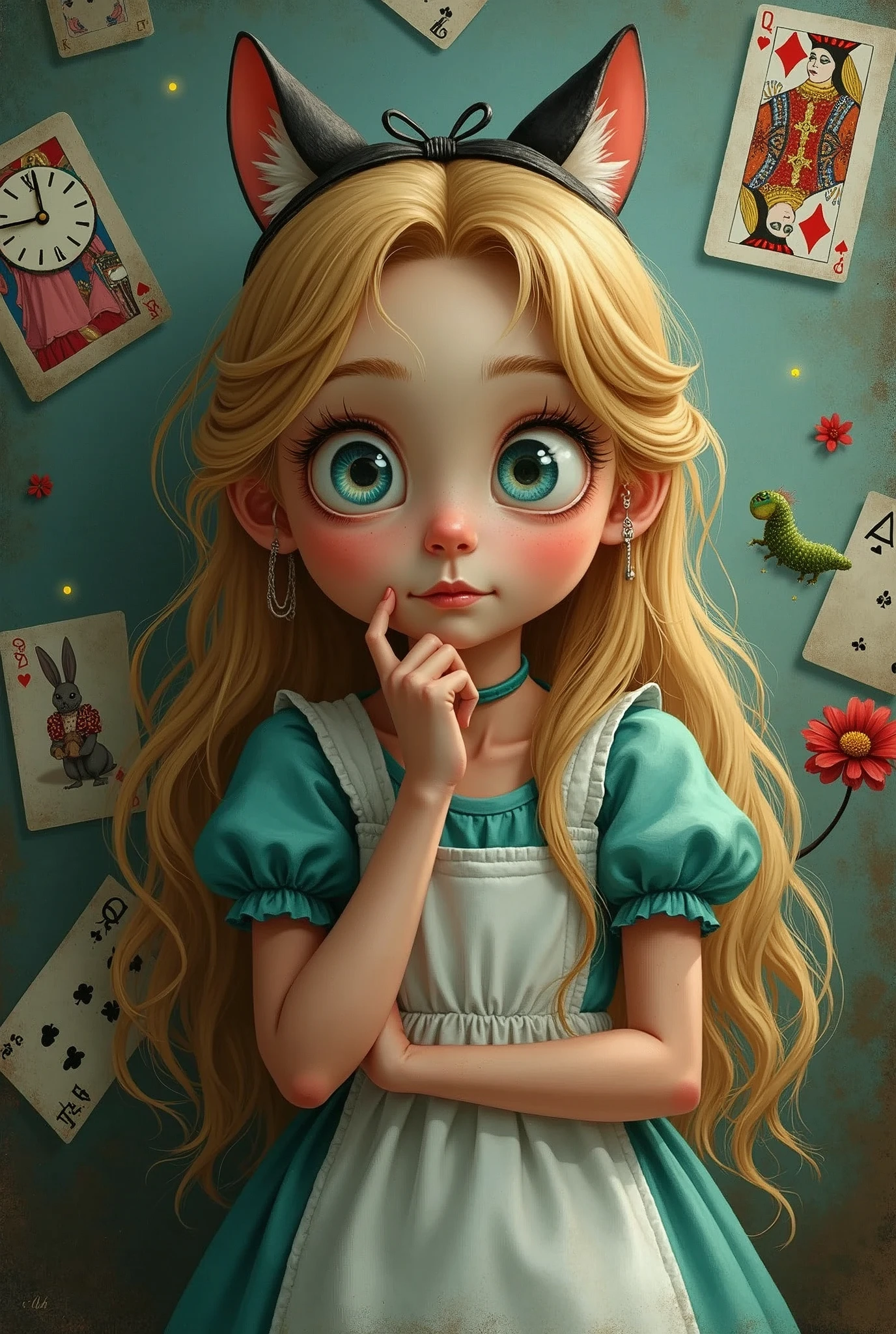 Draw a full-body portrait of Alice in Alice in Wonderland to capture a moment of deep contemplation. Her expression should be a mixture of curiosity and a hint of unease, as if she is deeply questioning reality and her place in it. Her large eyes should be wide open, reflecting a surreal world surrounded by playing cards. A smiling Cheshire cat, a clock, the Queen of Hearts, a caterpillar, a white rabbit, playing cards, inside Wonderland, etc. Lighting should be soft yet dramatic, casting gentle shadows that emphasise the depth of her thoughts. Her hair is slightly dishevelled, as if she has been on a long journey, and her iconic green catsuit is slightly slanted, adding to the pensive feel. The colour palette is a mix of soft pastels and dark, introspective tones, creating a balance between innocence and the complexity of her thoughts.