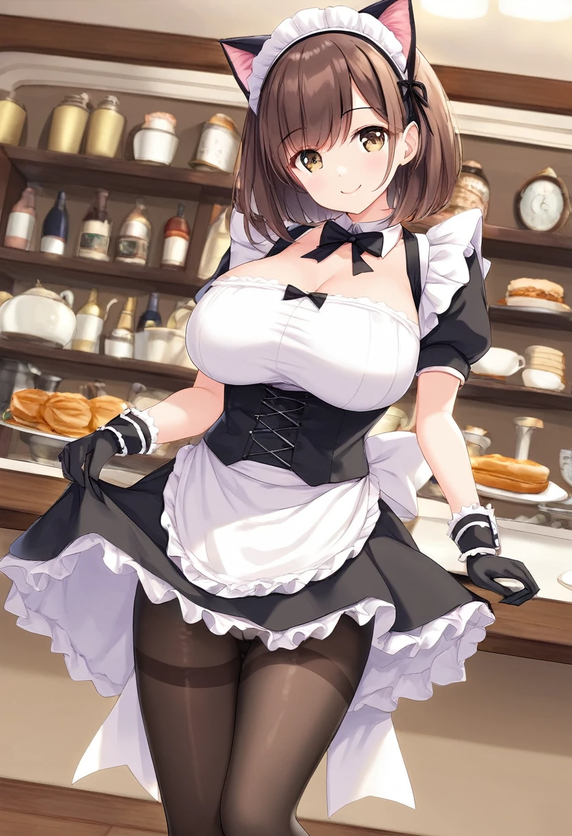 woman,smile,Bob Hair,Large Breasts,Maid clothes,Short sleeve,I can see the valley.Cute black gloves,Cat ears headband,Wear tights,Dark brown hair,Large Breasts,maid Cafe