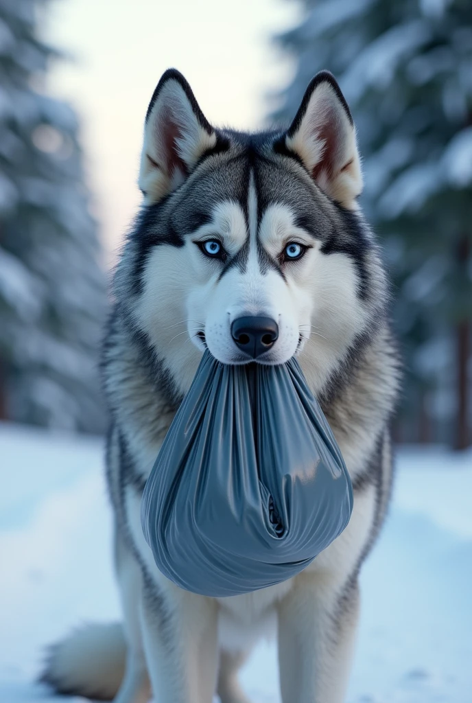 A Siberian Husky with a garbage bag in its mouth