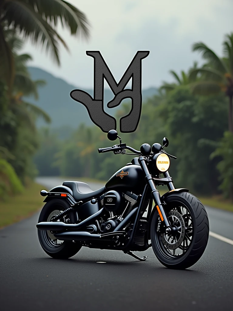 logo "MneverMore" hand sign stylish signature letter logo front, background  realistic with Harley Davidson fatboy custom, Pandawa road, kuta-Bali Background.  Aesthetic.