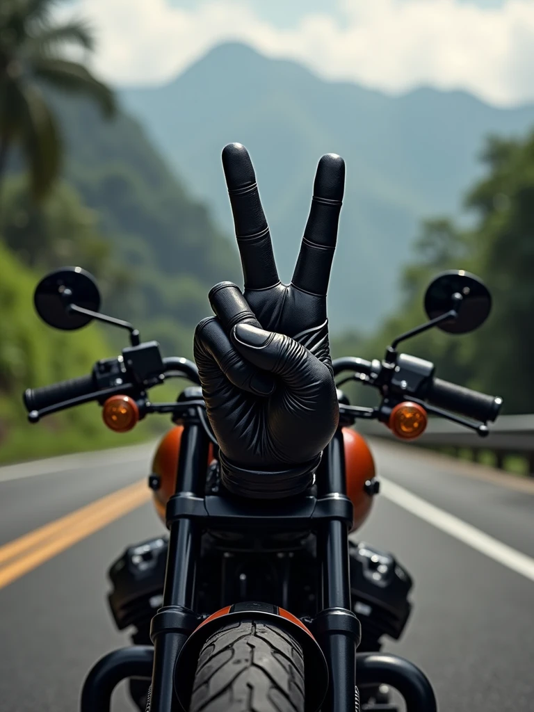 logo "MneverMore" hand sign stylish signature letter logo front, background  realistic with Harley Davidson fatboy custom, Pandawa road, kuta-Bali Background.  Aesthetic.