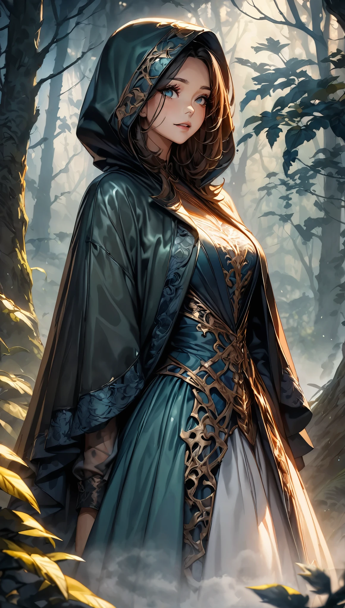 ((Thick Fog:2, Lost in the mist, Deep in the mist of the forest)), The magical witch in the mist、Beautiful detailed eyes、Beautiful detailed lips、Very detailedな顔と特徴、Long eyelashes、The beautiful porcelain skin、Complex lace dresses、Cloak with hood、Mysterious forest background、Moonlit Night、Dramatic lighting、Cinematic composition、Digital Painting、Bright colors、Fantasy art、(Highest quality:1.2, Very detailed, up to date, Vibrant, Ultra-high resolution, masterpiece:1.2, Highest quality, Best aesthetics), Beautiful girl illustration,