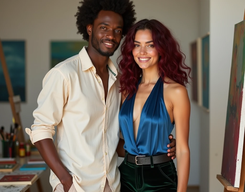 Tall attractive French-Nubian with side part 3c type curly hair and dark skin, shaved face, wearing a relaxed cream shirt and complementary pants, holding a paintbrush, standing next to a much shorter pale young woman in a paint studio. The man has a kind expression; the woman has a soft smile, vibrant maroon layered wavy chest-length hair, wearing a sapphire blue silk halter top, black velvet shorts with a green sheen, a thick black belt, and red wedge sandals.