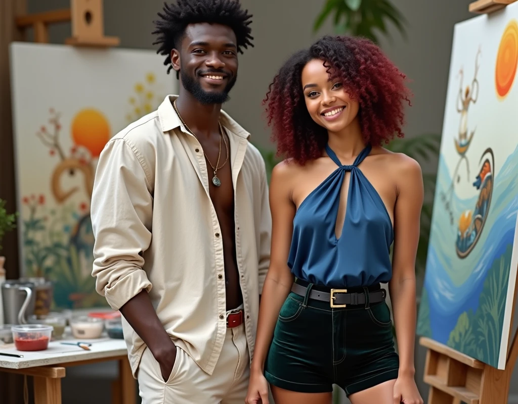 Tall attractive French-Nubian with side part 3c type curly hair and dark skin, shaved face, wearing a relaxed cream shirt and complementary pants, holding a paintbrush, standing next to a much shorter pale young woman in a paint studio. The man has a kind expression; the woman has a soft smile, vibrant maroon layered wavy chest-length hair, wearing a sapphire blue silk halter top, black velvet shorts with a green sheen, a thick black belt, and red wedge sandals.