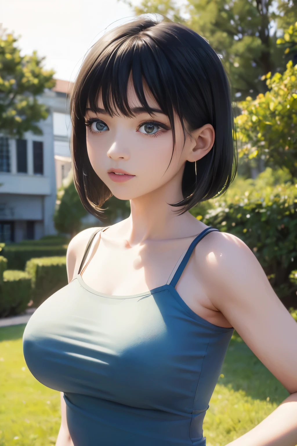 masterpiece，High resolution，Highest quality，In the grassland, (Portrait), Upper body photo, Cute Face，((Facing forward))、Black Hair、((Shooting from the front:1.5)), ((Tight camisole:1.5)), ((Big Breasts:1.5)), See-through nipples