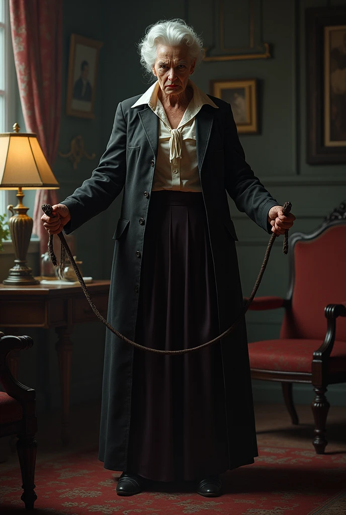 imperious grandmother standing with a whip in her hands. She looks at the viewer with an angry gaze, expressing severity and authority. Around her is a cozy but slightly gloomy room with antique furniture and old photographs on the walls, creating an atmosphere of rigor and tradition. The lighting is dim, emphasizing her menacing appearance.