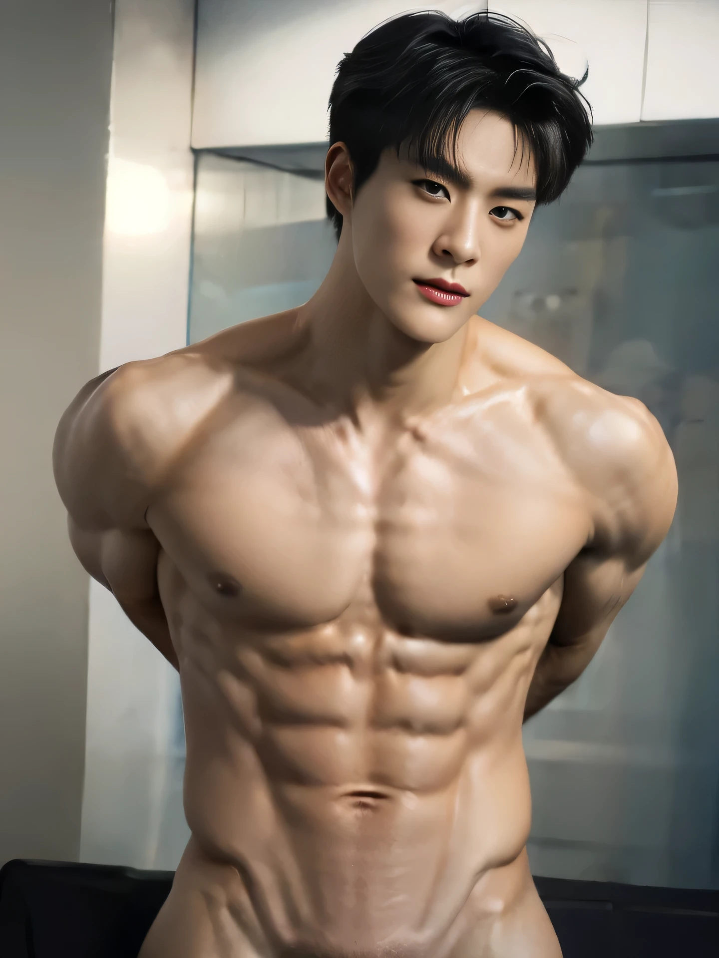 (​masterpiece)、(top-quality:1.0)、(超A high resolution:1.0)、detailed photograph、8K、Male, 25 years old, Korean Man、twinks、sportsman、Full Naked、Detailed skin、Training room as a background、Muscle training、Exposing Dick,（Elaborate fingers、1 male human、Lateral）、Upper Body Up、Training、perspiring, Masturbating, Full body, Big Dick, Long Dick, Serious Face, Looking at Audience 