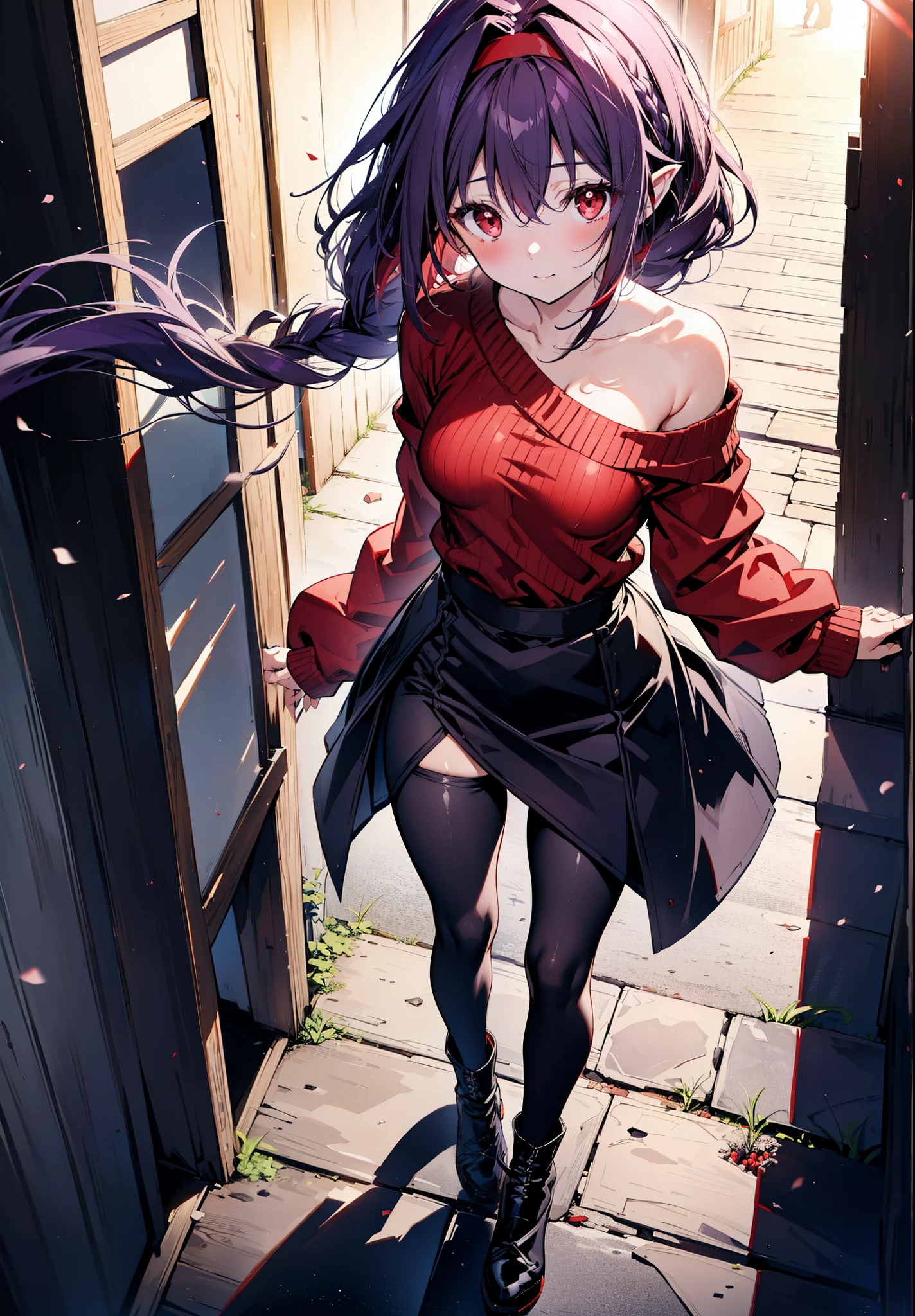 yuukikonno, Yuuki Konno, hair band, Long braids, Pointed Ears, Purple Hair, (Red eyes:1.5), (Small breasts:1.2),smile,blush, Open your mouth,One-shoulder sweater,Glasses,Long skirt,Black pantyhose,short boots,Walking,whole bodyがイラストに入るように,
break looking at viewer, whole body,
break outdoors, In town,
break (masterpiece:1.2), Highest quality, High resolution, unity 8k wallpaper, (figure:0.8), (Beautiful attention to detail:1.6), Highly detailed face, Perfect lighting, Highly detailed CG, (Perfect hands, Perfect Anatomy),