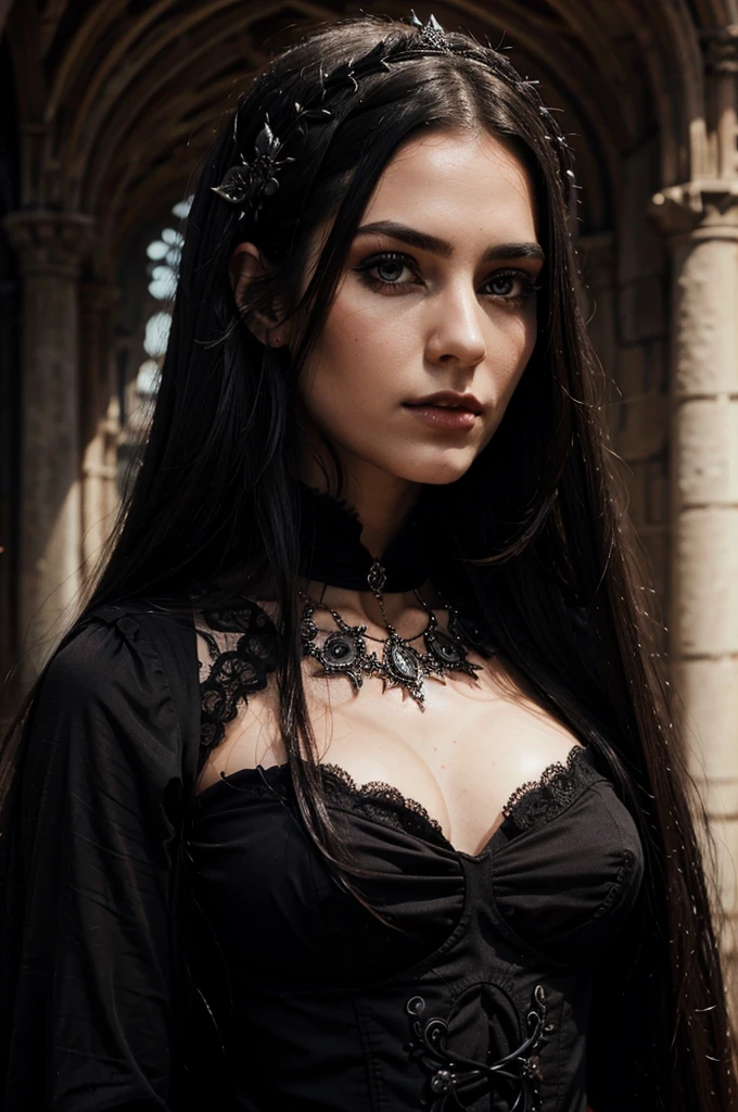 1 European gothic woman, pretty face, long straight hair, ultra detailed face and eyes, hyperrealistic, realistic representation, 30 years old, she is wearing black gothic clothing