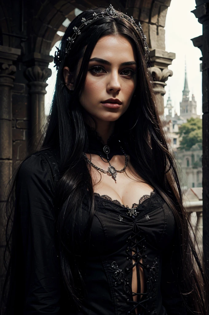 1 European gothic woman, pretty face, long straight hair, ultra detailed face and eyes, hyperrealistic, realistic representation, 30 years old, she is wearing black gothic clothing