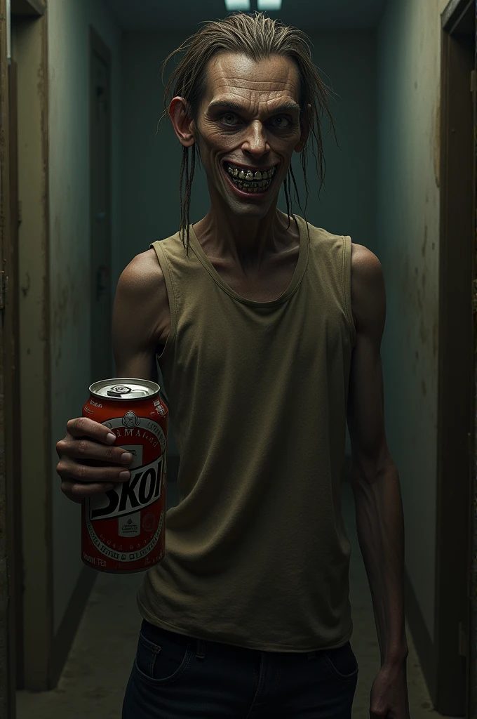 create an image of an extremely thin man, he wears braces in his mouth, has brown hair social, dark eyes and low, he has a can of skol in his hand