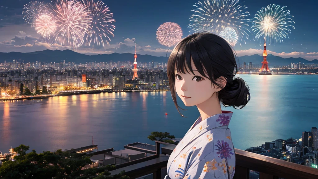 Shiraishi Mei, Looks exactly like Shiraishi Mei、solo、Chignon hairstyle、Time is night、Tokyo Tower in the background、Big fireworks、Oceanの方を向いている後ろ姿、Woman looking up at the sky ,Long Hair,  Black Hair,, Photo from the side, Realistic, Highest quality, Detailed face, , Ocean, Embankment, Detailed Background,, Written boundary depth, Bokeh (Highest quality: 1.2), (masterpiece: 1.2), Watch Viewer, yukata ,Vision、(((Panorama:1.2)))