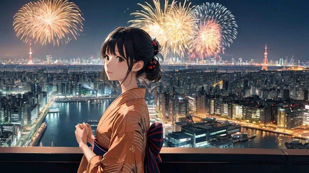Shiraishi Mei, Looks exactly like Shiraishi Mei、solo、Chignon hairstyle、Time is night、Tokyo Tower in the background、Big fireworks、Oceanの方を向いている後ろ姿、Woman looking up at the sky ,Long Hair, Black Hair,, Photo from the side, Realistic, Highest quality, Detailed face, , Ocean, Embankment, Detailed Background,, Written boundary depth, Bokeh (Highest quality: 1.2), (masterpiece: 1.2), Watch Viewer, yukata ,Vision、(((Panorama:1.2)))