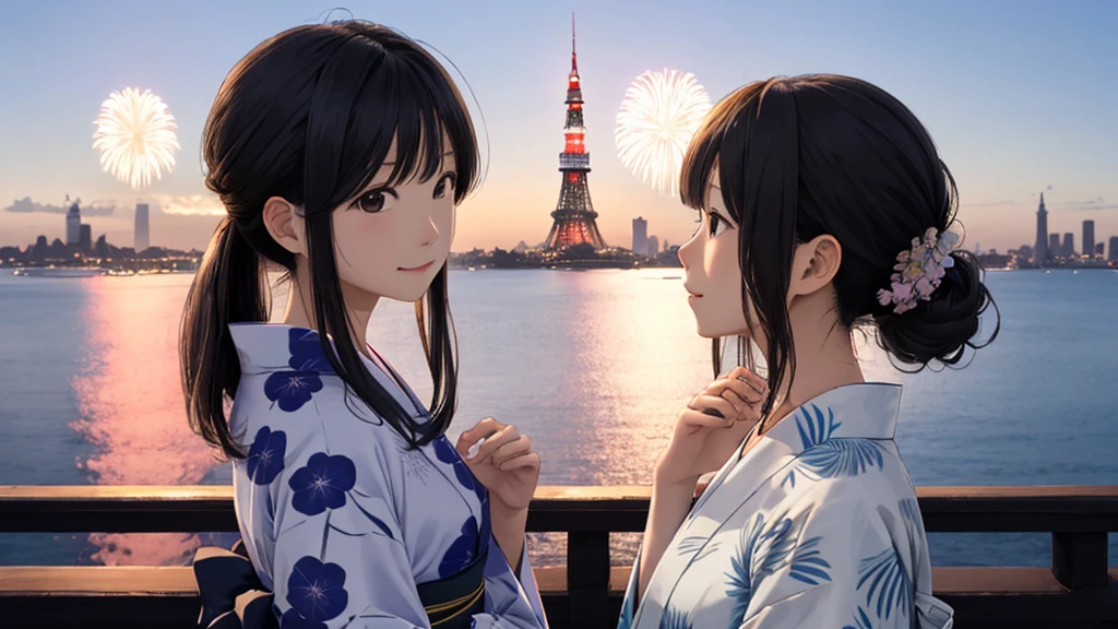 Shiraishi Mei, Looks exactly like Shiraishi Mei、solo、Chignon hairstyle、Time is night、Tokyo Tower in the background、Big fireworks、Oceanの方を向いている後ろ姿、Woman looking up at the sky ,Long Hair, Black Hair,, Photo from the side, Realistic, Highest quality, Detailed face, , Ocean, Embankment, Detailed Background,, Written boundary depth, Bokeh (Highest quality: 1.2), (masterpiece: 1.2), Watch Viewer, yukata ,Vision、(((Panorama:1.2)))