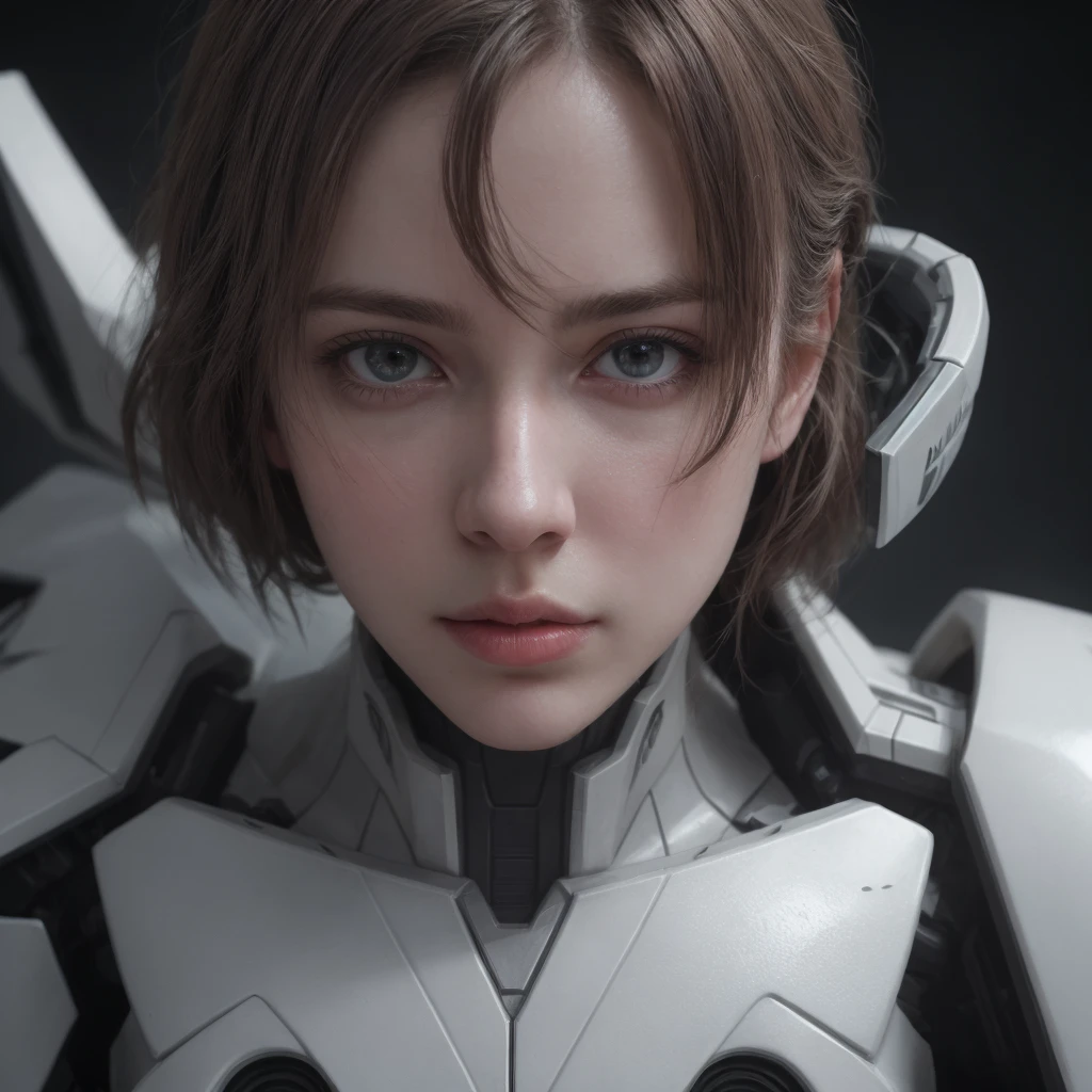 masterpiece, Highest quality, Ultra-realistic, Ultra-detailed, 8k resolution, RAW Photos, Sharp focus, (One person), alone, Gorgeous face, Perfect body, Mature Woman, Age 25,  Portraiture, Mecha, White Armor, Nanosuit, sexy, Messy Hair, Cinematic, Cinematic light, Dark Theme