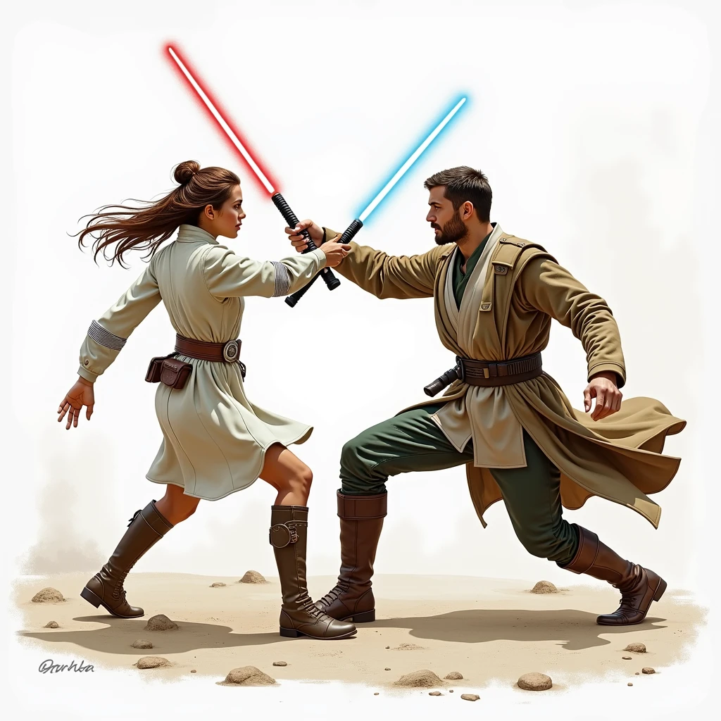 Draw a dynamic composition depicting a female Jedi and a male in a duel.。
