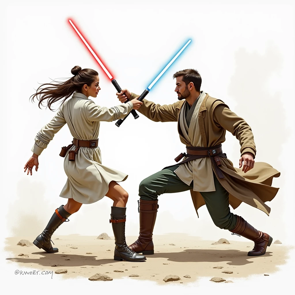 Draw a dynamic composition depicting a female Jedi and a male in a duel.。