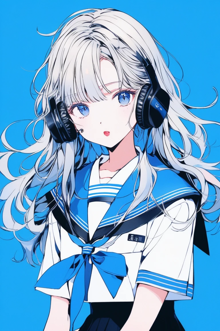 ((masterpiece,Highest quality)), 8k, anime , Realistic ,sketch, anime風のポートレート, 黒猫を連れたanimeの女性, 18-year-old, Blue gradient background, High school girl sailor uniform, Neon Medium Hair, lip, Big eyes, Wear headphones, Texture Trim, Japanese, whole body, (masterpiece,Highest quality)