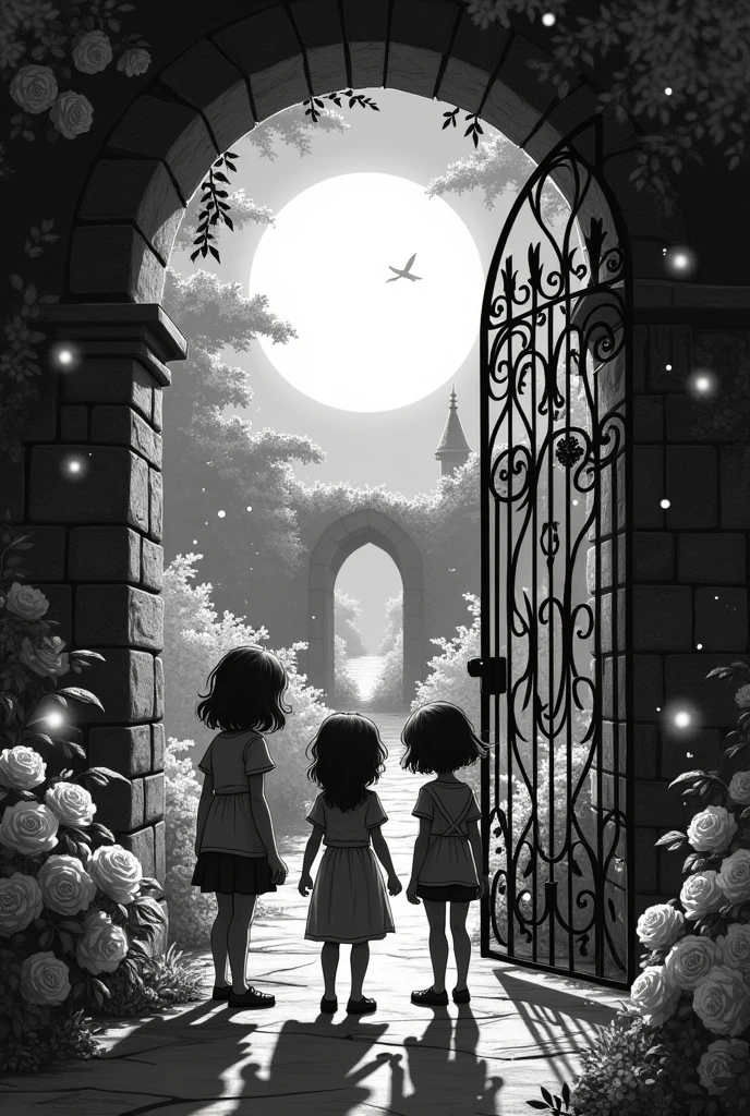 A black and white  comic image 
**Image Description**:

- **Foreground**: Three children—Lila, Max, and Zoe[two girls and one boy]—standing in awe before an ancient, iron gate entwined with ivy. The gate is partially open, revealing a glimpse of the magical garden beyond.

- **Middle Ground**: A lush, ethereal garden illuminated by soft, silvery moonlight. The scene features glowing roses and shimmering fireflies floating gently around.

- **Background**: The moon high in the night sky casting a magical glow over the garden. A delicate moon sprite named Luna hovers near a stone archway with a riddle inscribed on it, adding an element of enchantment.

- **Overall Atmosphere**: Mystical and serene, with the garden bathed in an otherworldly light. The image should evoke a sense of wonder and magic, capturing the essence of the adventure and the beauty of the garden.