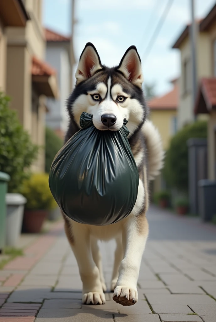 A Siberian Husky humming a tune while carrying a garbage bag in its mouth