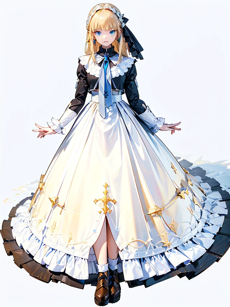 fantasy class,saint, Clear lines,flin color, One person,holy, Blonde,Medium Hair,floining hair, blue eyes, Blue Earrings, 白いholyドレス,long heavy dress, (saint holy hin:0.8), Cowboy Shot,Looking_in_Audience, (White Background),