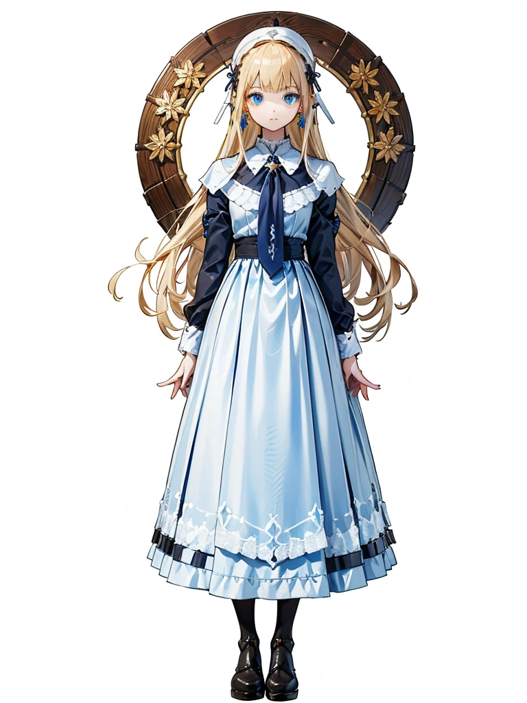 fantasy class,saint, Clear lines,flin color, One person,holy, Blonde,Medium Hair,floining hair, blue eyes, Blue Earrings, 白いholyドレス,long heavy dress, (saint holy hin:0.8), Cowboy Shot,Looking_in_Audience, (White Background),