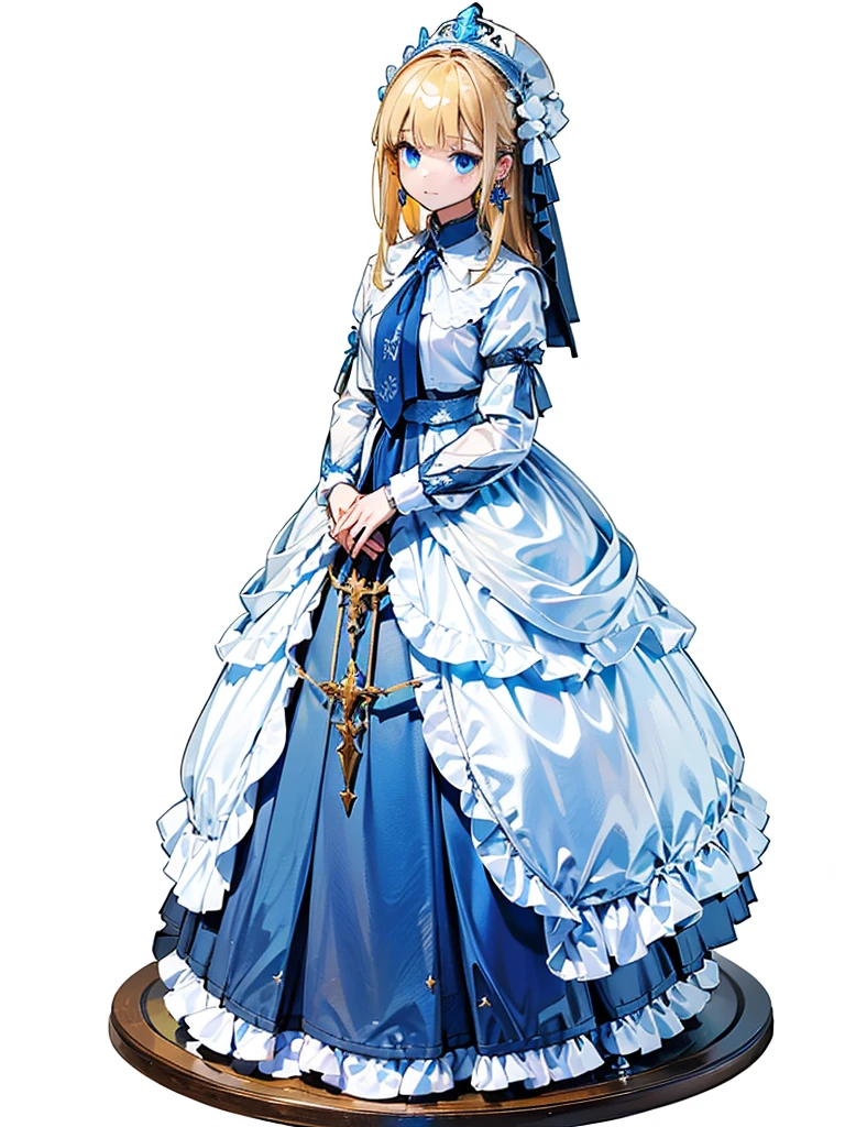 fantasy class,saint, Clear lines,flin color, One person,holy, Blonde,Medium Hair,floining hair, blue eyes, Blue Earrings, 白いholyドレス,long heavy dress, (saint holy hin:0.8), Cowboy Shot,Looking_in_Audience, (White Background),