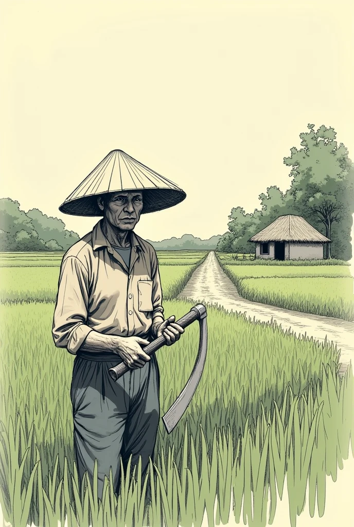 Sketches That has A farmer wearing a hat and holding a sickle in a rice field with a dirt road and a hut"