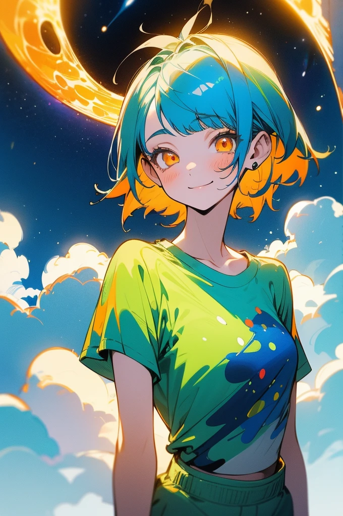 1 girl, orange eyes, blue hair with green spots, short hair with disheveled bangs, dressed in a blue T-shirt with white clouds, green shorts, looking at the viewer, happy, against the background of the cosmic sky, next to the sun, beautiful, detailed, delicate tones