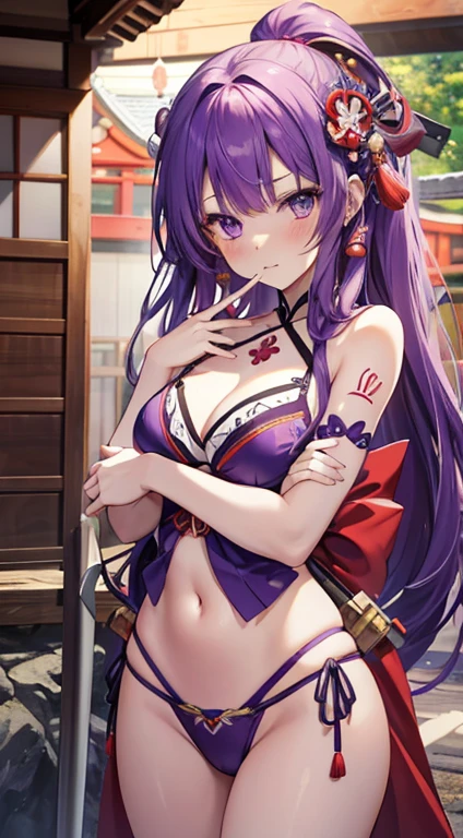 One person, Long purple hair, Purple eyes, Traditional maiden costume wearing bikini, Japanese Shrines, Weapons on the wall, Absurd, High resolution, Super sharp, 8k, masterpiece, View your viewers, Stick your hands into the wall, blush, Her mouth is slightly open and she looks embarrassed