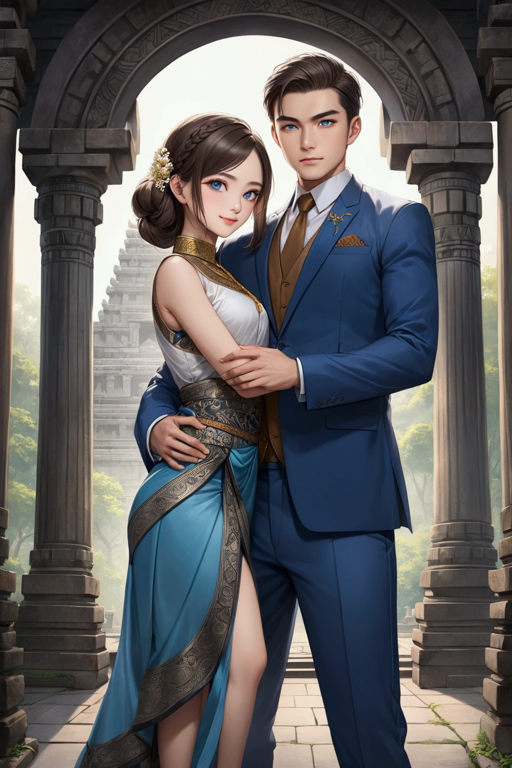 Couple, embrace each other, javanese style, masterpiece, best quality, realistic, quiet and charming, 29 years old, blue eyes, serious, extremely detailed face, full body, smile,((dark brown, swept side hair)), [ eyebrows], blue suit, prambanan temple, accurate, detailed