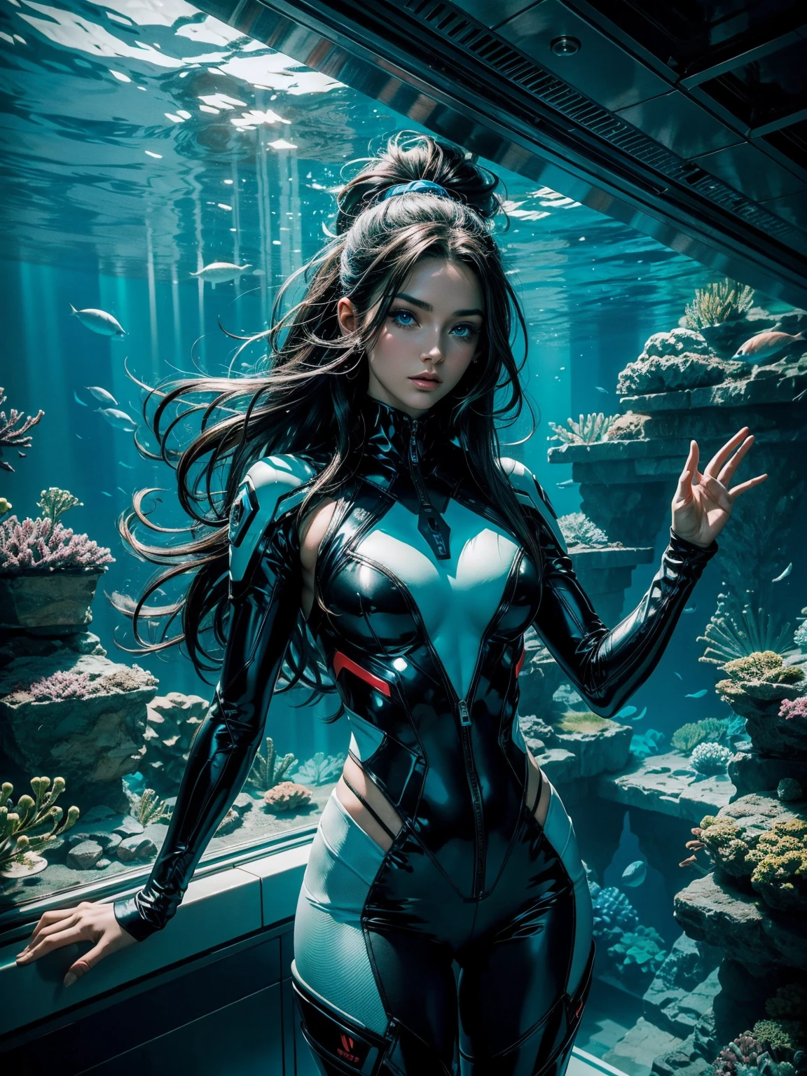 Layer 1: Background
"Futuristic underwater base interior with large glass windows showing vibrant marine life outside. The space features ambient blue lighting and advanced technology."

Layer 2: Character
"Beautiful woman named Reina Parker, with long dark hair and striking blue eyes, wearing a sleek, form-fitting futuristic suit with glowing accents, standing confidently in the underwater base, so pretty 1.2, perfect eyes 1.3)