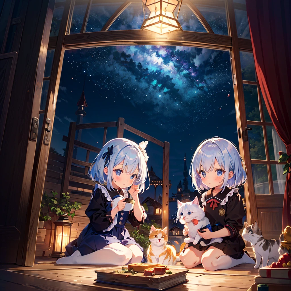 {{{Masterpiece, highest quality, high resolution background}}}, Bright and beautiful atmosphere, 1 girl (7 years old, round face, baby face), small breasts, pet shop, sleeping kittens, girl looking at kittens A cute dress with sparkling eyes, "deltamon_sdXL :0.73)>Deltamon"