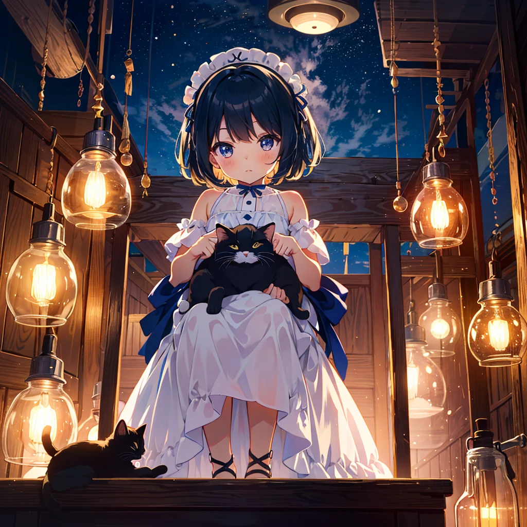{{{Masterpiece, highest quality, high resolution background}}}, Bright and beautiful atmosphere, 1 girl (7 years old, round face, baby face), small breasts, pet shop, sleeping kittens, girl looking at kittens A cute dress with sparkling eyes, "deltamon_sdXL :0.73)>Deltamon"