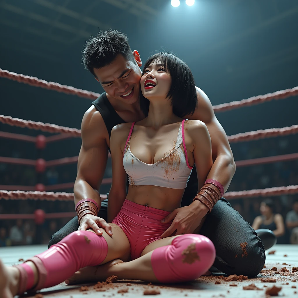 (8k, Realistic, RAW Photos, Highest quality: 1.4),In the pro wrestling ring, the female wrestler is being attacked by a male wrestler who is bigger than her. The female wrestler is a beautiful, slim (Japanese woman, 20-years-old) with shiny very short hair. Her body-hugging, glossy pink and white tank top accentuates her ample bust. She sits with her legs spread wide apart, (her right arm broken by the relentless attack of the male wrestler). ((Unable to bear the pain, she presses her right arm with her left hand and looks up at the sky, letting out a loud scream)). (The violent attack has left her outfit tattered and torn). The male wrestler stands behind the female wrestler, grabbing her neck and choking her viorently. (The female wrestler is closing her eyes with an expression of extreme agony).