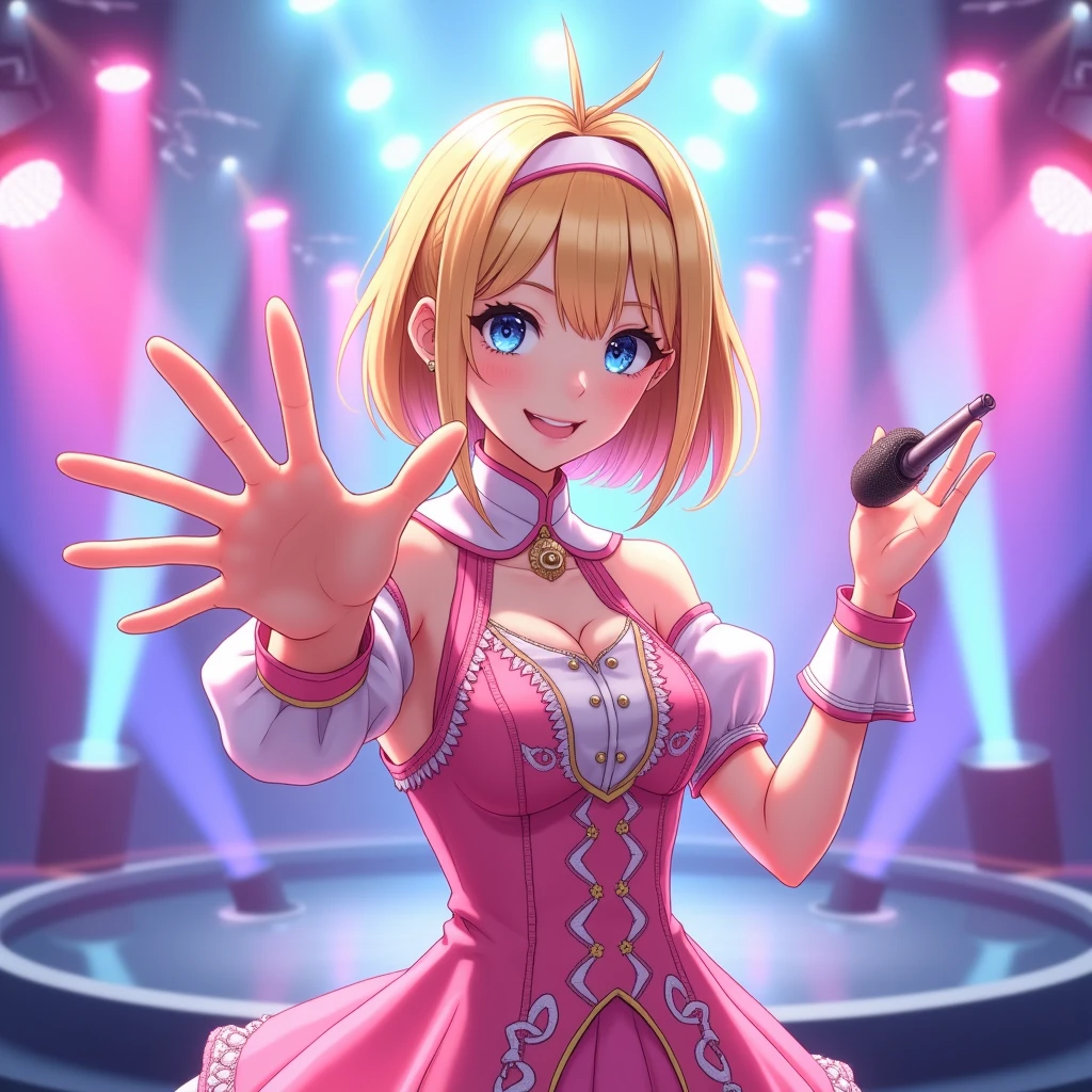 Anime girl, (best quality:1.5, highres, UHD, 4K, detailed lighting, shaders), blonde hair, bob cut, cute woman, cute girl, sharp eyes, blue eyes, beautiful, idol uniform, pink uniform, holding mic, waving at viewer's, whole body,1 girl, stage background, idol clothes, masterpiece, highest quality, Super detailed, shape, very delicate and beautiful,very detailed,detailed perfect,detailed hyper, standing in stage, Standing、Highest quality, figure, Super detailed, In detail, High resolution, 8k wallpaper, Perfect dynamic composition, Beautiful attention to detail, detailed eyes