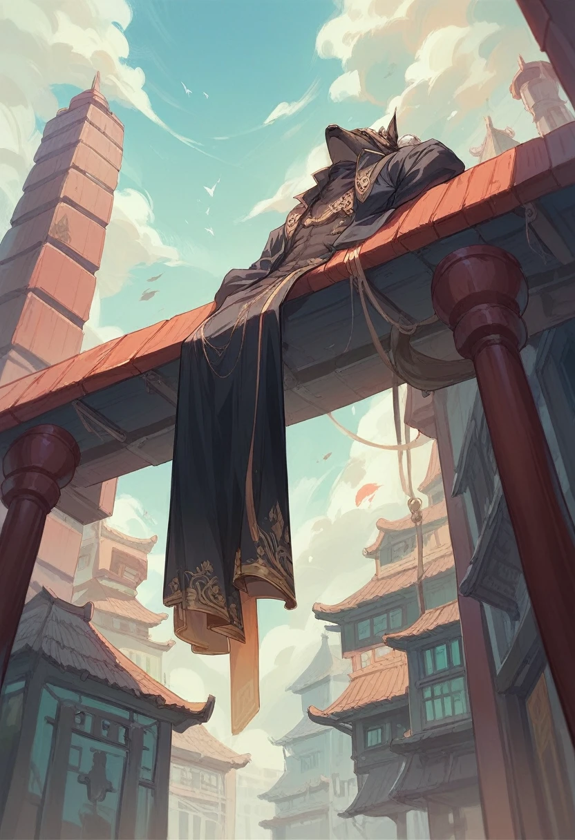 , Wearing purple and black robes, Located in a Chinese-style building