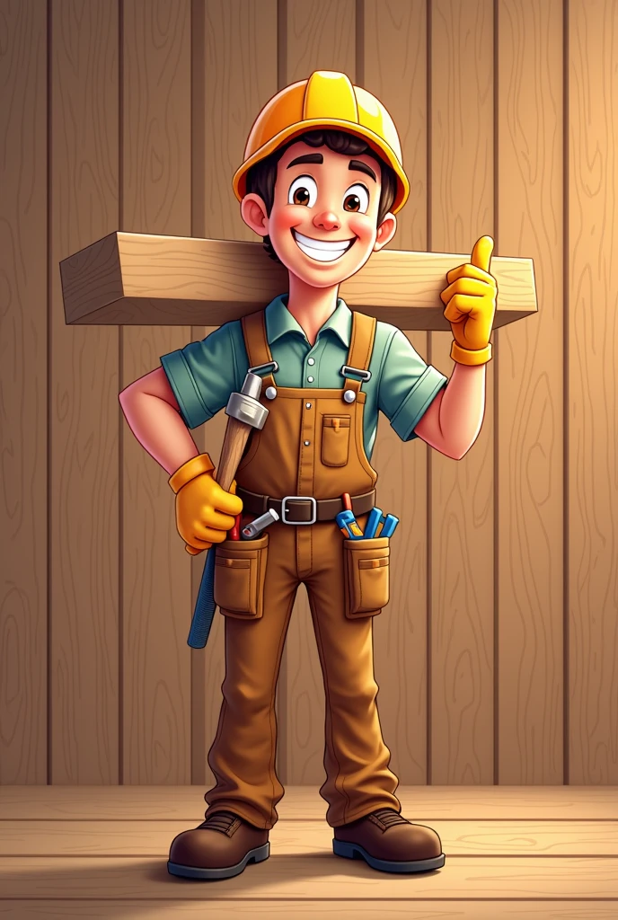 Mix them  for Advertising in proper way
The first image is a cartoon illustration of a construction worker or carpenter. He is wearing a yellow hard hat and brown overalls with tools like a hammer and screwdriver in his pockets. He is holding a piece of wood on his shoulder and giving a thumbs-up with a big smile on his face.

The second image is a background of wooden planks arranged vertically. The planks are of different shades of brown, showing natural wood textures and grains. This could represent a wooden wall, floor, or paneling.