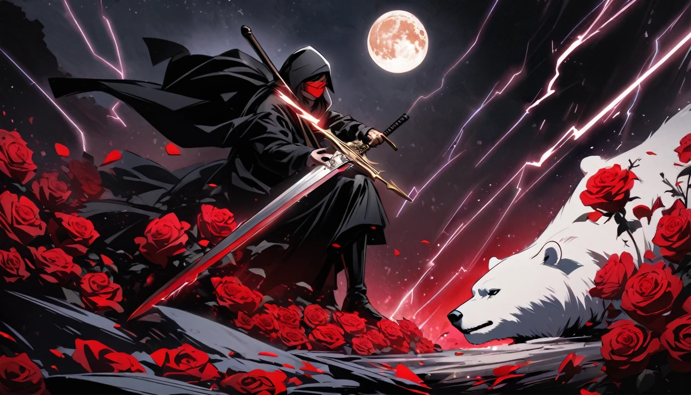 draw a dynamic picture. In it a man with a black hood and a long sword is riding a polar bear while the moon shines, Roses cover the ground and lightning falls from the sky. The man wears a red blindfold. The background of the picture in red.