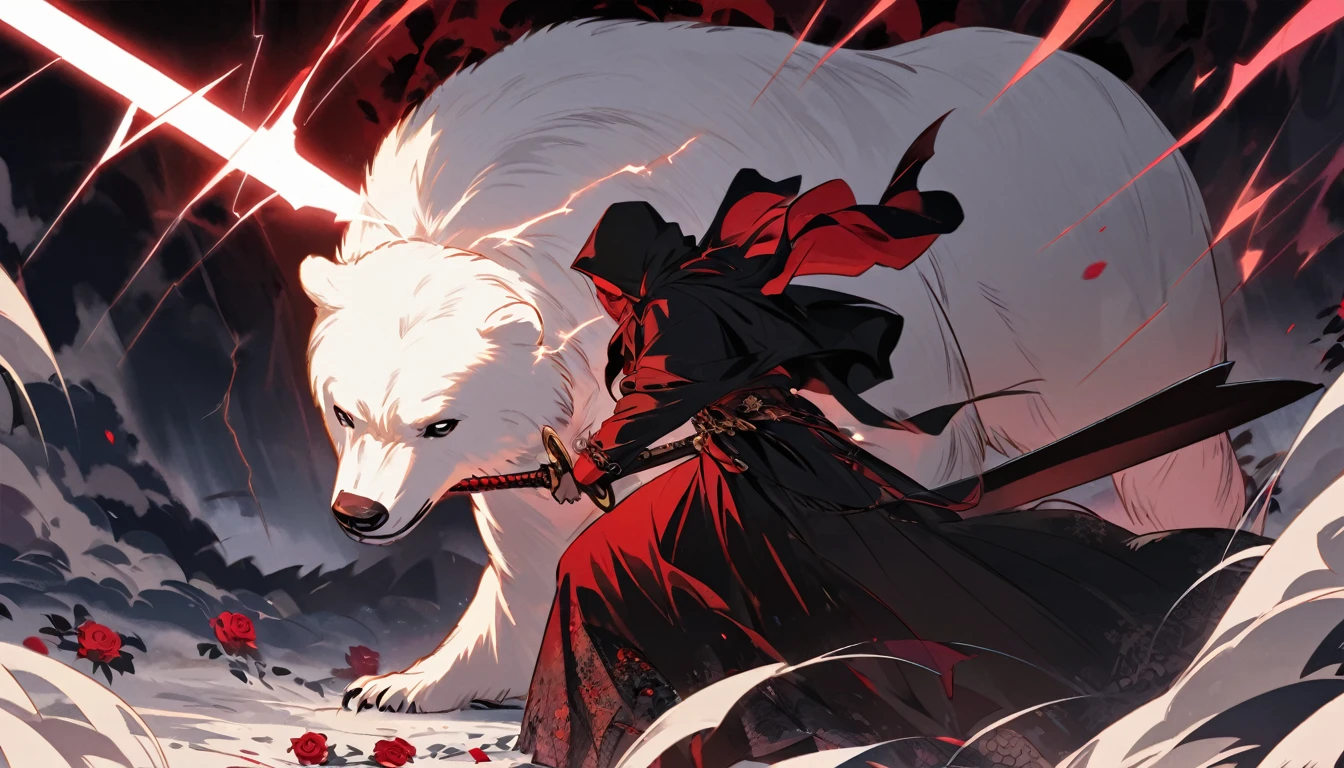 draw a dynamic picture. In it a man with a black hood and a long sword is riding a polar bear while the moon shines, Roses cover the ground and lightning falls from the sky. The man wears a red blindfold. The background of the picture in red.