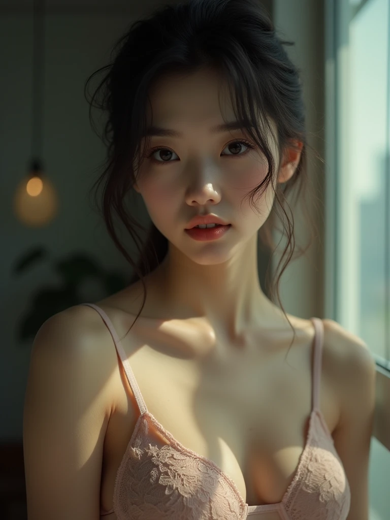 real photograph, (Top image quality, 8K, ​masterpiece), top-quality, 超A high resolution,Japan Girlld, pretty face, multicolored lace bra、kawaii faces, Melancholy look, double eyelid、big breasts: 1.4、girly hairstyle、modern room、Movie Lighting, Photorealsitic, real looking skin, nfsw, 35mm, Shot with Leica,