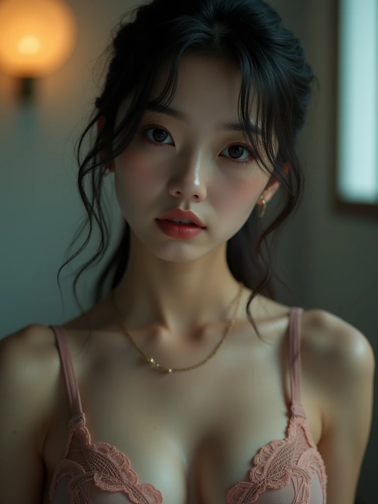 real photograph, (Top image quality, 8K, ​masterpiece), top-quality, 超A high resolution,Japan Girlld, pretty face, multicolored lace bra、kawaii faces, Melancholy look, double eyelid、big breasts: 1.4、girly hairstyle、modern room、Movie Lighting, Photorealsitic, real looking skin, nfsw, 35mm, Shot with Leica,