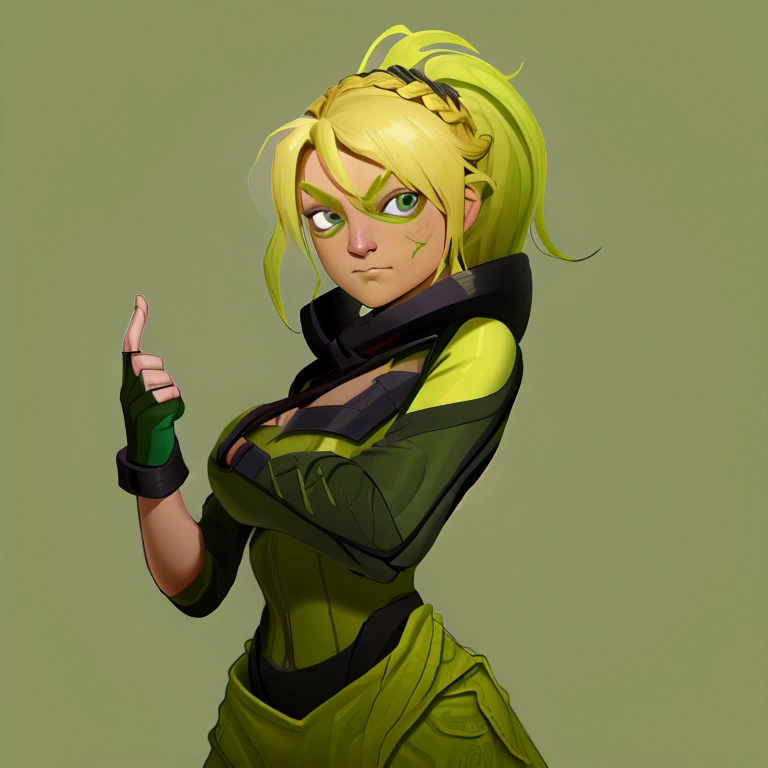 concept art, European and American comics, game character design, RPG Fantasy Game Characters, solo, 20-year-old European woman, blonde hair, golden hair, long hair, braid (((Lime green fabric combat suit))),white background, Brown eyebrows ,holding a bow,black eye, Focused on the upper body, Make your face look bigger,((Draw only up to the waistline))), (((Zoom in so the face is clearly visible))), (((Focused on the upper body))), Lime green short-sleeved top, A cloak with a hood, Brown corset, Lime green gloves, Brown waist belt, The belt buckle is lime green, Short lime green skirt, holding a bow, Wearing a quiver,