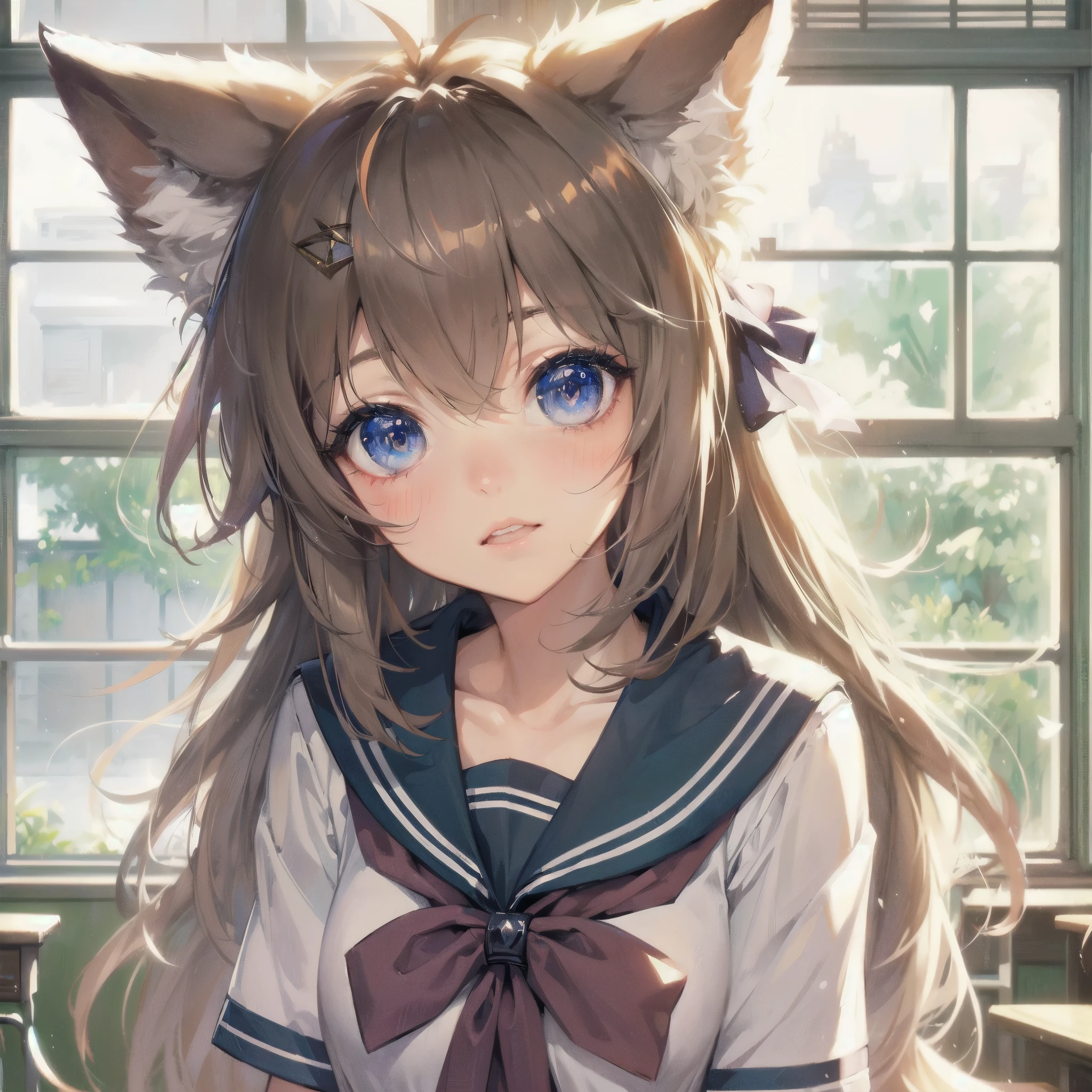  masterpiece, (textured skin), best quality, gorgeous beautiful, (a beautiful girl,wolf ears),detailed clothes,large breasts,narrow waist,, (beautiful face), cinematic lighting, (fantasy anime art ),