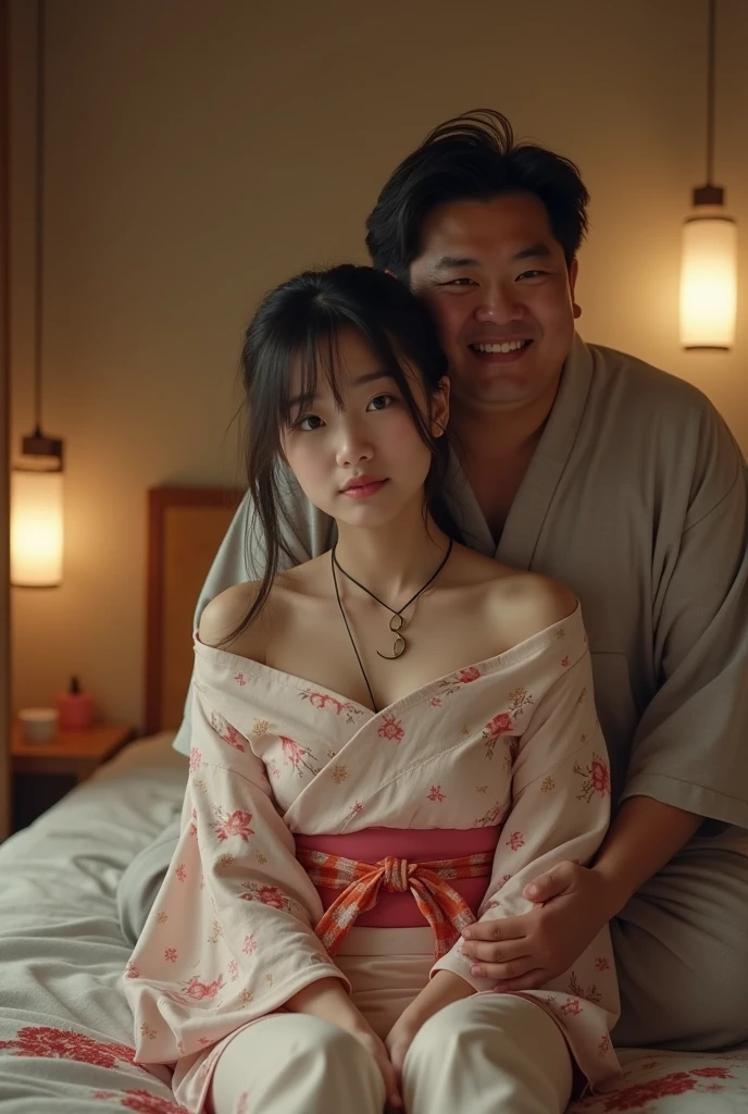 A photo of a woman on a futon in a narrow hotel room。A beautiful girl junior high school student with a slim body and big eyes wearing off-shoulder YUKATA is crying and giving herself over to the front。A grinning fat man is hugging his girlfriend from behind, his hands inside her yukata