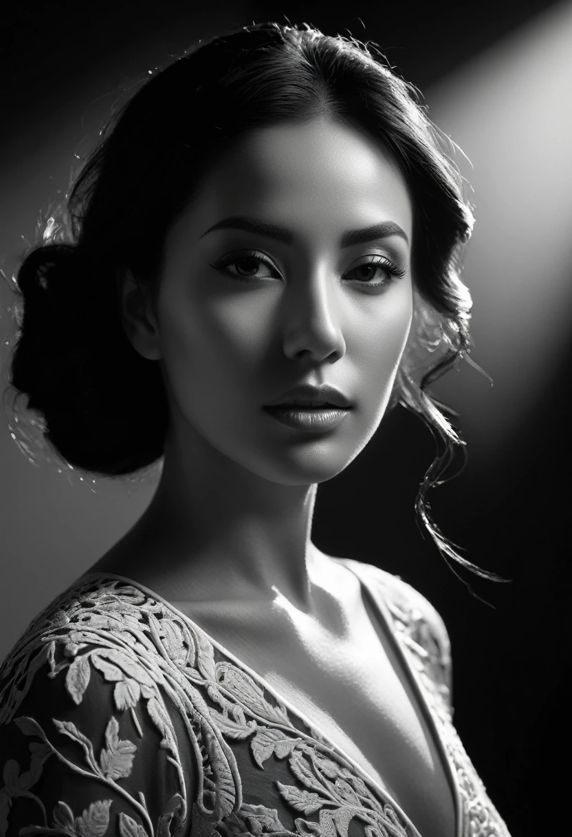 black and white, woman, Shadow Symphony, sharp focus, studio photo, intricate details, highly detailed,